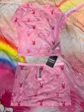 PLAYBOY Hot Pink Sheer Bunny Mesh Top & Skirt Set